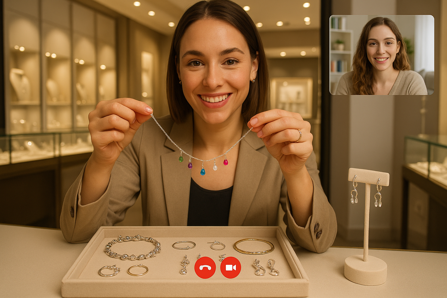 create an animated virtual shopping experience of a customer joining in on a video call for a private shopping experience to choose jewelry and charms for jewelry and accessories. The sales person would be holding up the items to the camera